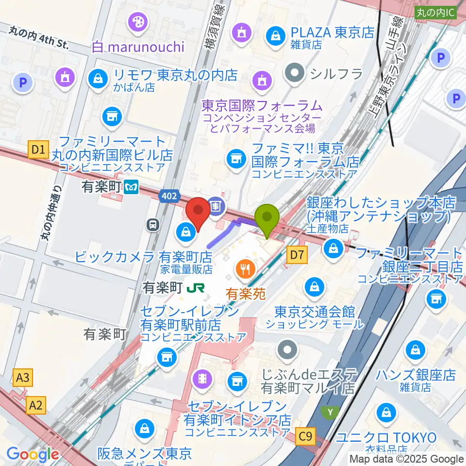 有楽町よみうりホールの最寄駅有楽町駅からの徒歩ルート（約1分）地図