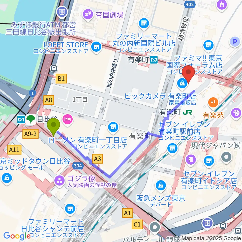 日比谷駅から有楽町よみうりホールへのルートマップ地図