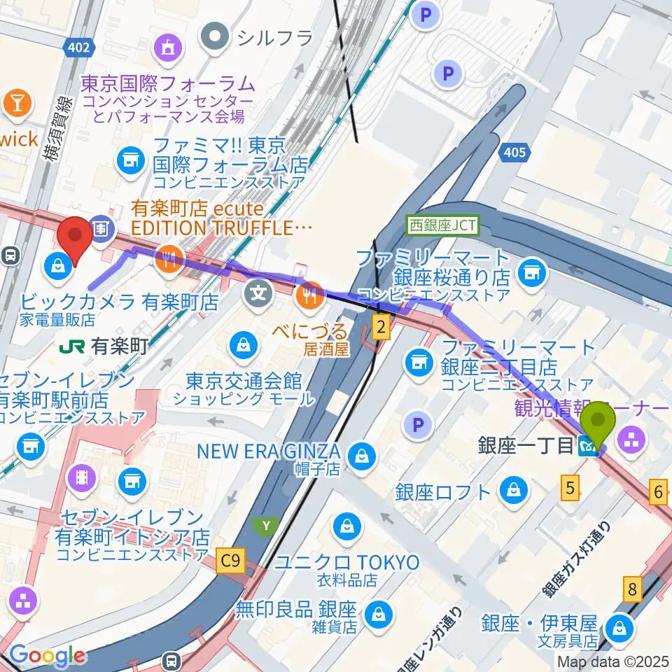 銀座一丁目駅から有楽町よみうりホールへのルートマップ地図