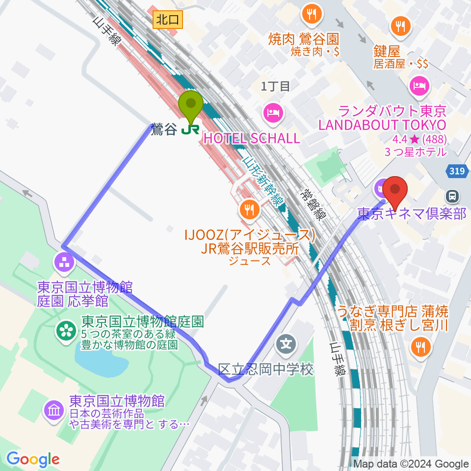 東京キネマ倶楽部の最寄駅鶯谷駅からの徒歩ルート（約4分）地図