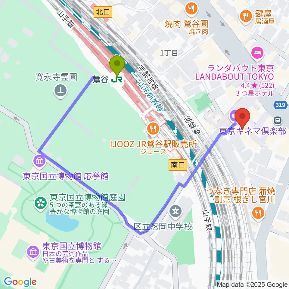 東京キネマ倶楽部の最寄駅鶯谷駅からの徒歩ルート（約4分）地図