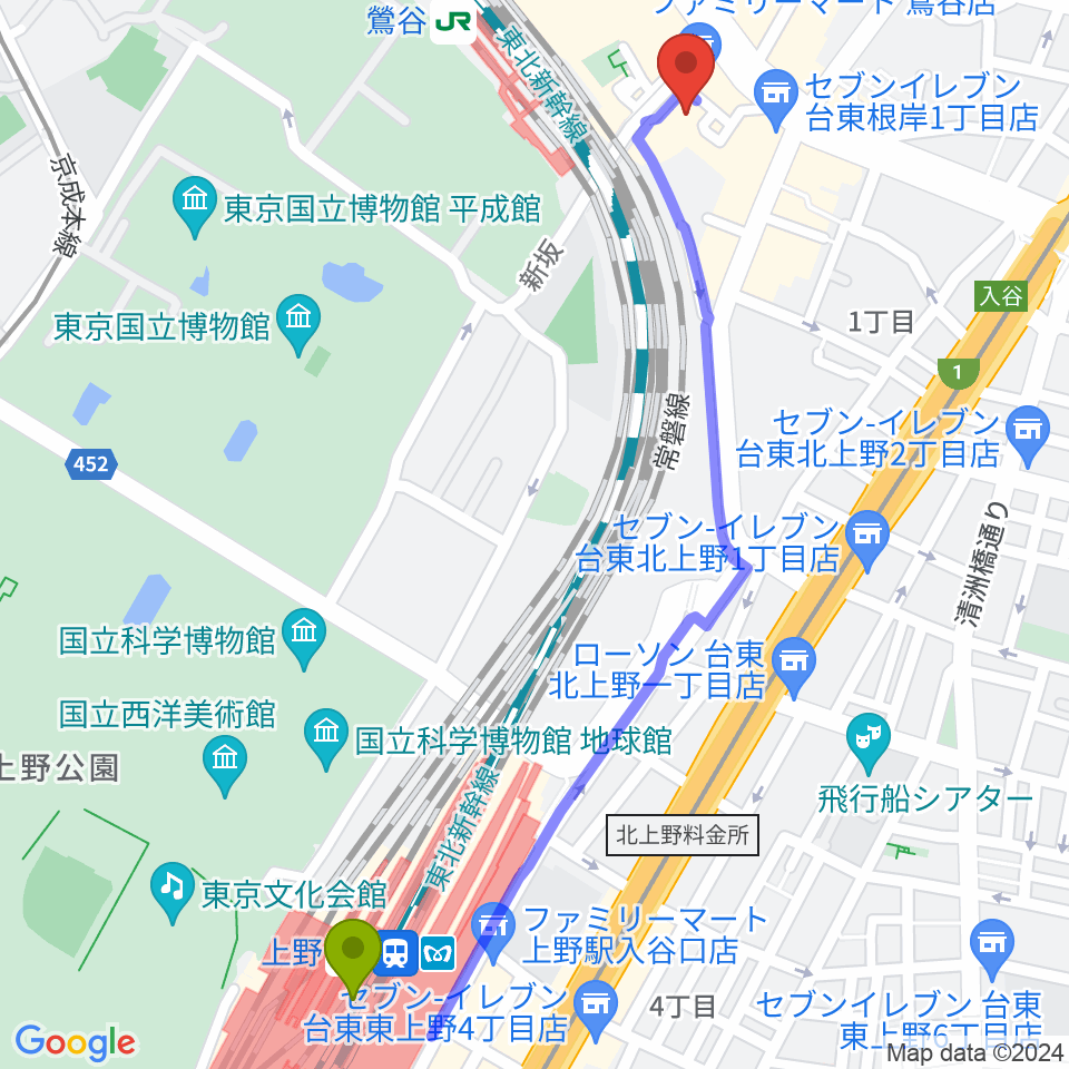 上野駅から東京キネマ倶楽部へのルートマップ地図