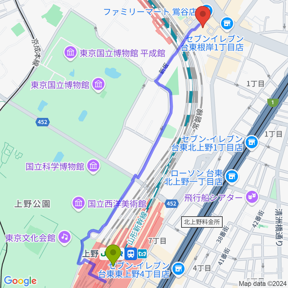 上野駅から東京キネマ倶楽部へのルートマップ地図