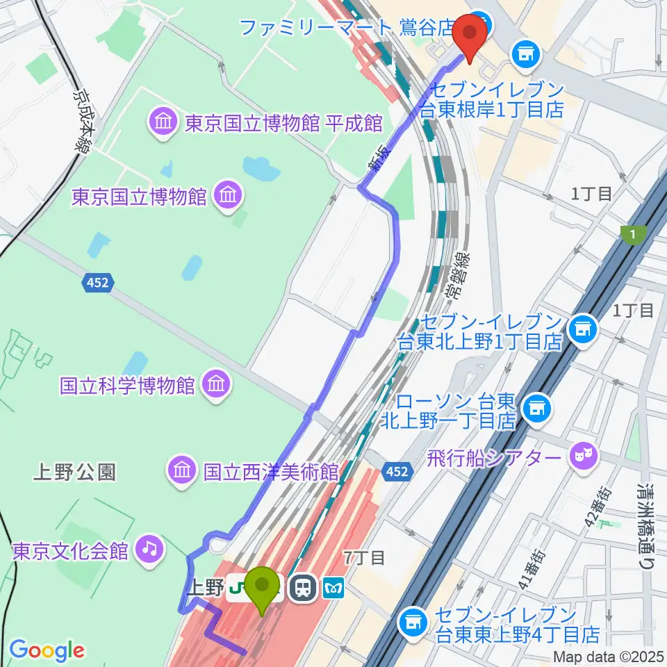 上野駅から東京キネマ倶楽部へのルートマップ地図