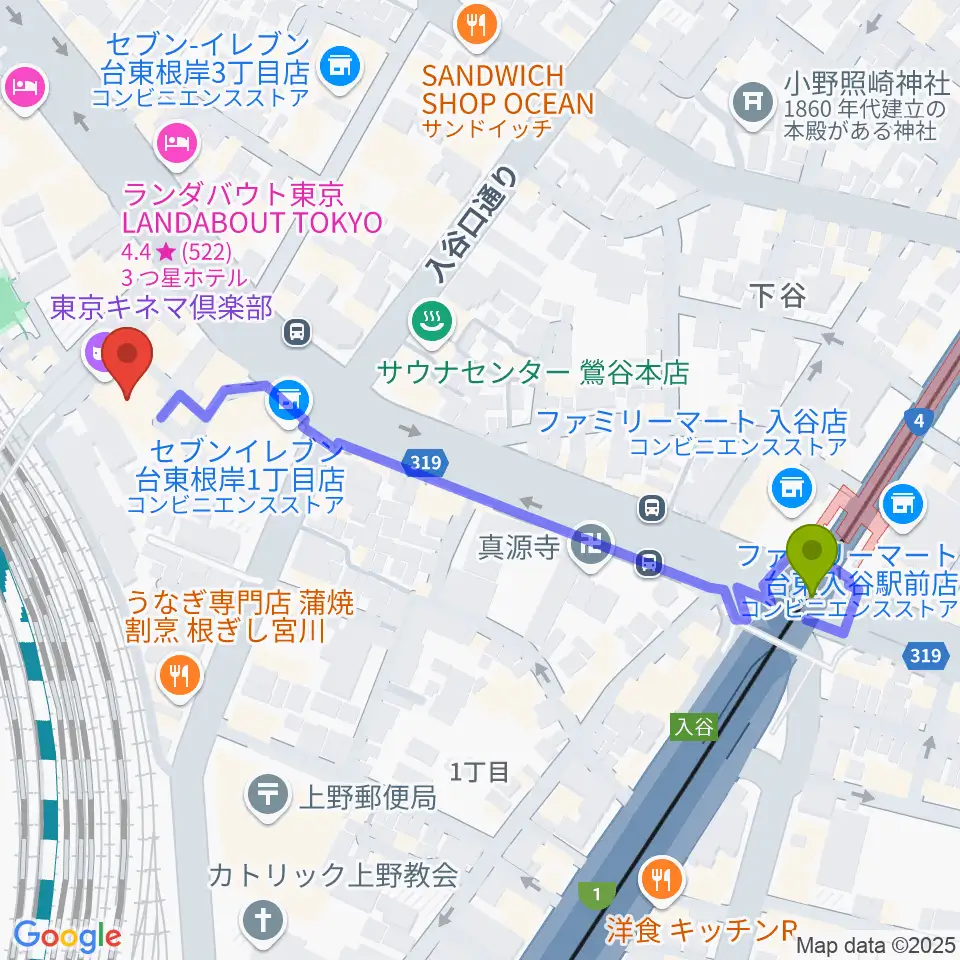 入谷駅から東京キネマ倶楽部へのルートマップ地図