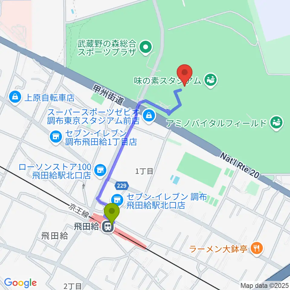 味の素スタジアムの最寄駅飛田給駅からの徒歩ルート（約8分）地図