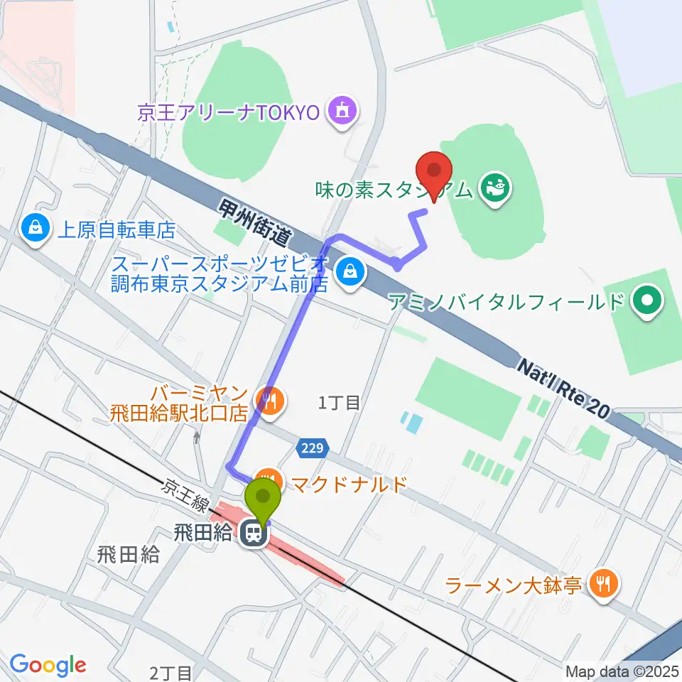 味の素スタジアムの最寄駅飛田給駅からの徒歩ルート（約8分）地図