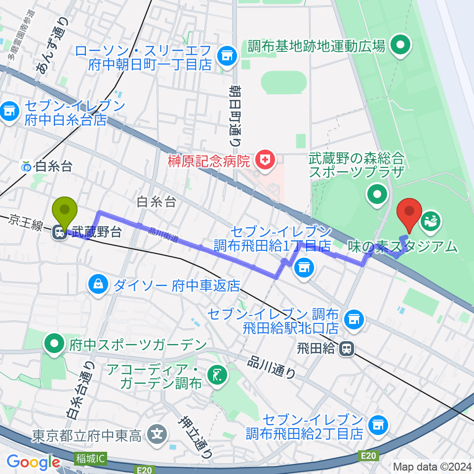 武蔵野台駅から味の素スタジアムへのルートマップ地図