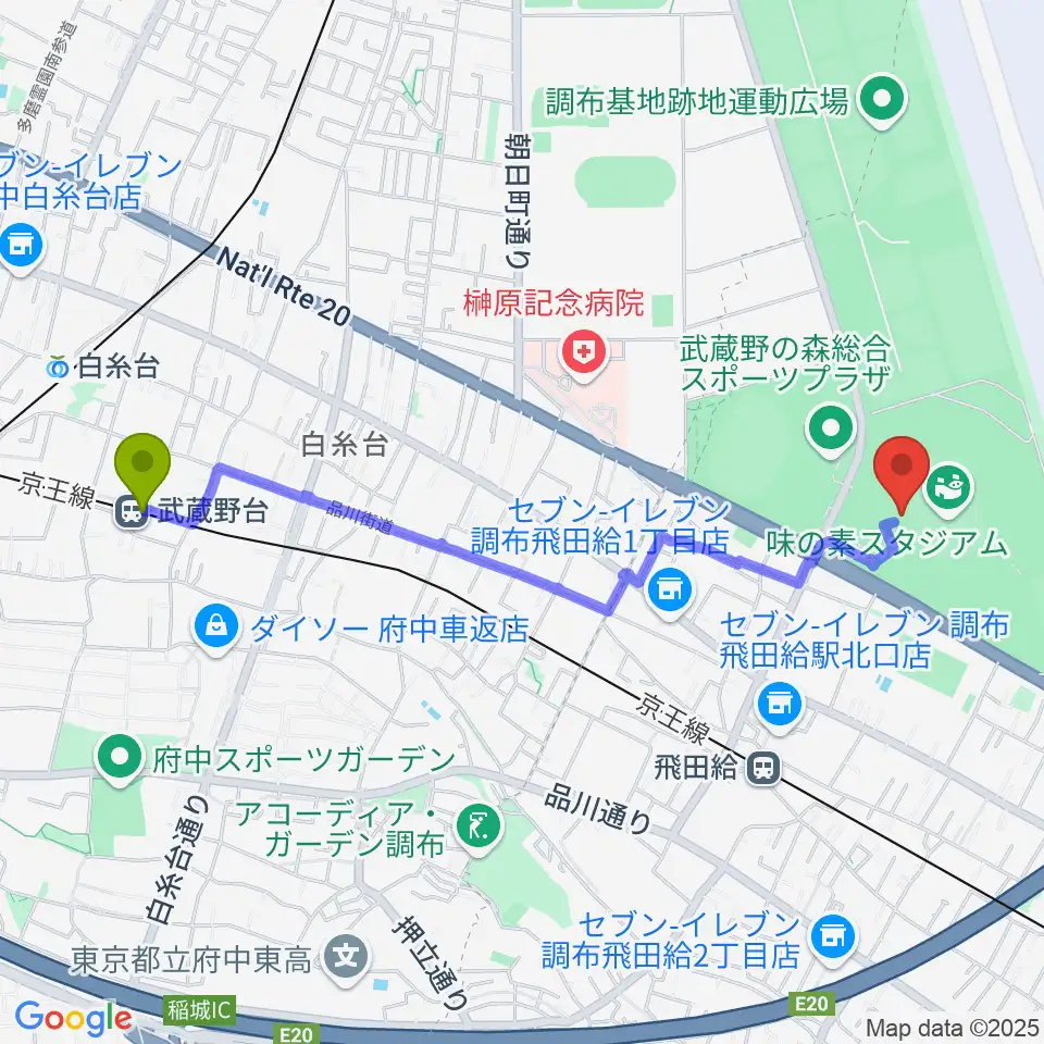 武蔵野台駅から味の素スタジアムへのルートマップ地図