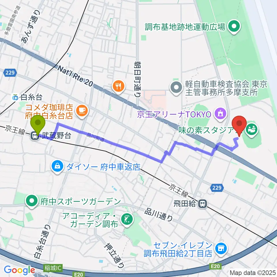 武蔵野台駅から味の素スタジアムへのルートマップ地図