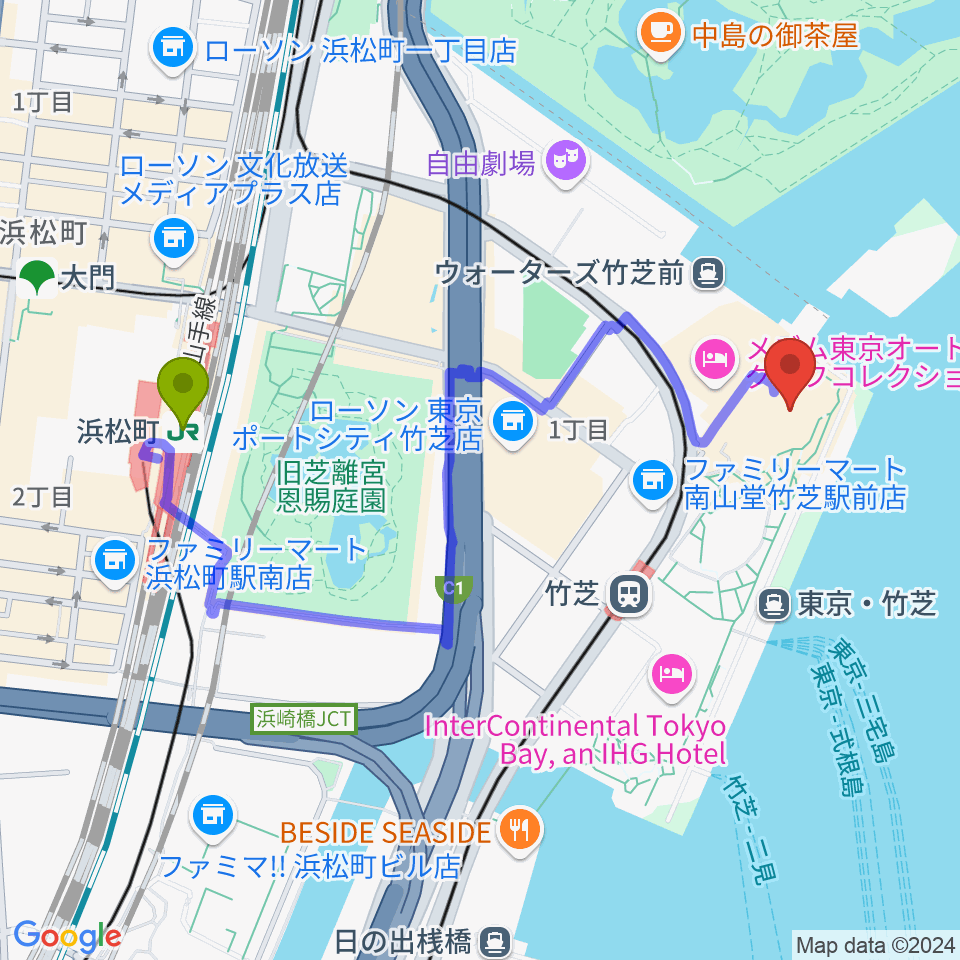 浜松町駅からニューピアホールへのルートマップ地図