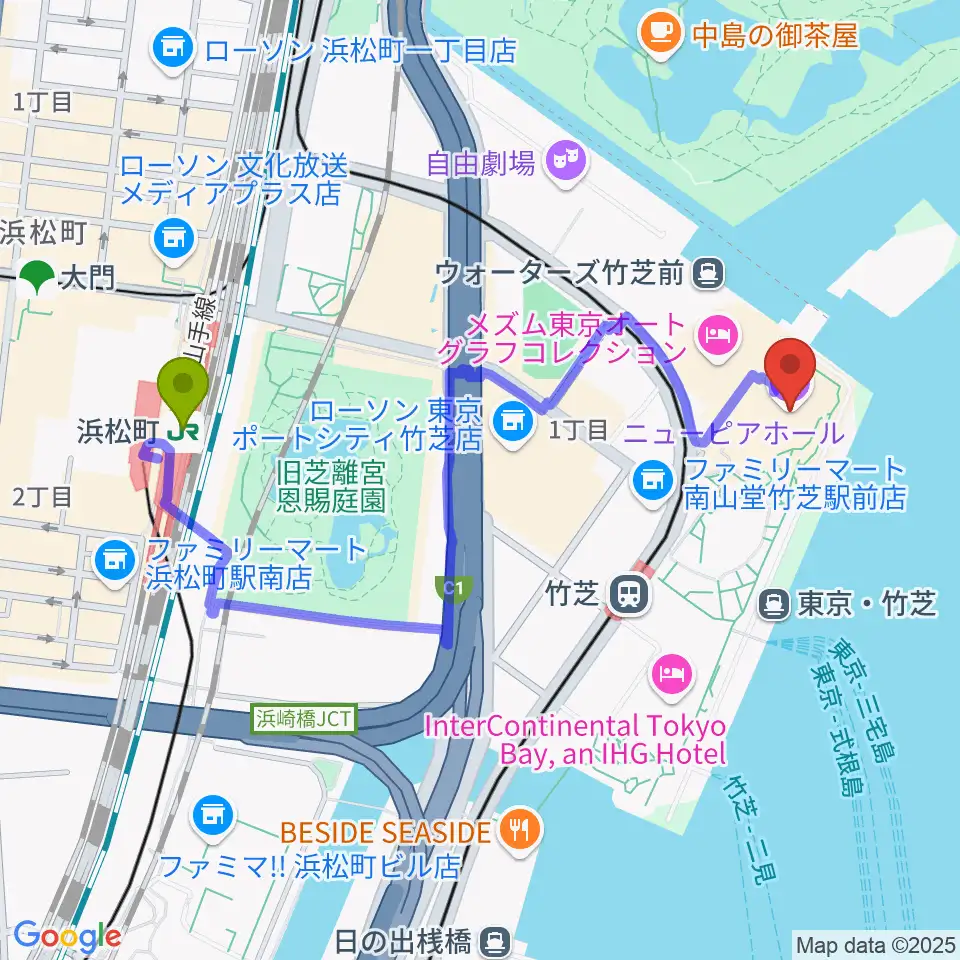 浜松町駅からニューピアホールへのルートマップ地図