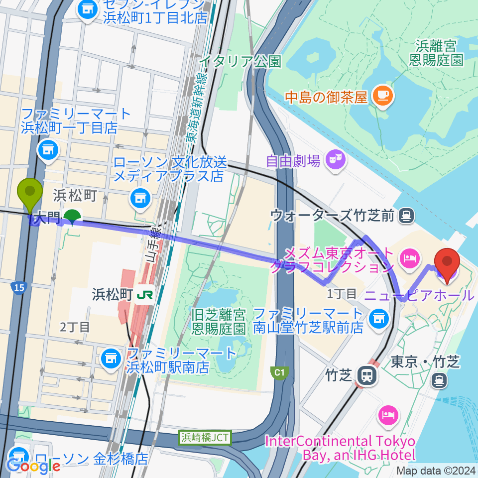 大門駅からニューピアホールへのルートマップ地図