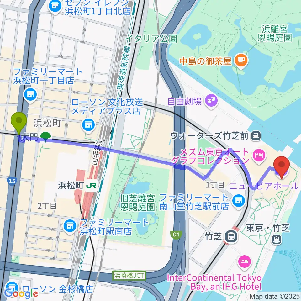 大門駅からニューピアホールへのルートマップ地図