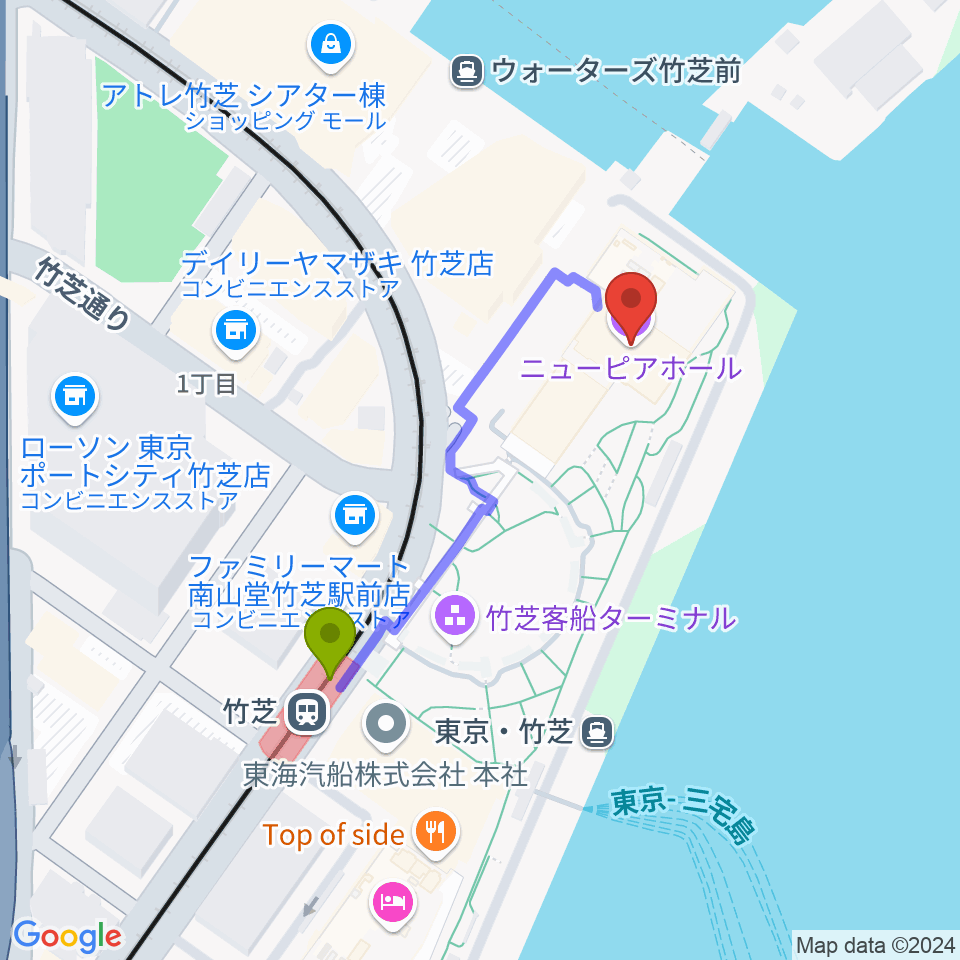 ニューピアホールの最寄駅竹芝駅からの徒歩ルート（約4分）地図