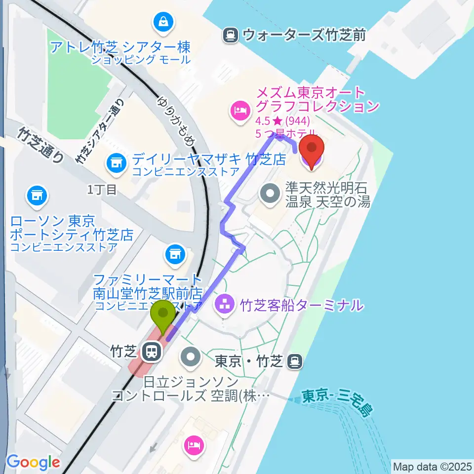 ニューピアホールの最寄駅竹芝駅からの徒歩ルート（約4分）地図