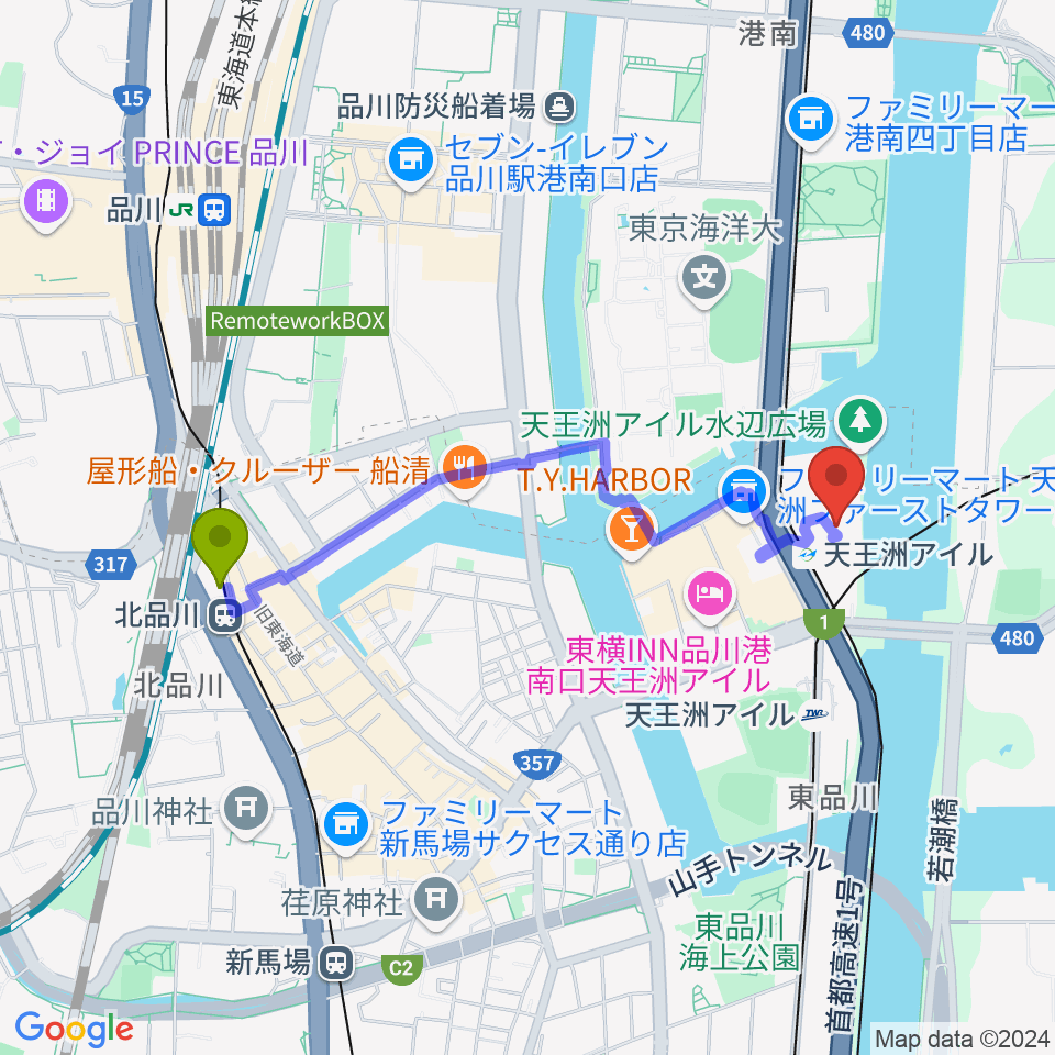 北品川駅から天王洲 銀河劇場へのルートマップ地図