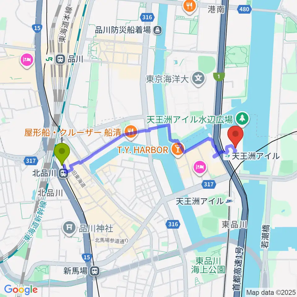 北品川駅から天王洲 銀河劇場へのルートマップ地図