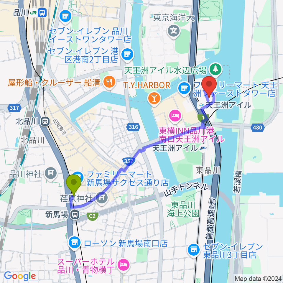 新馬場駅から天王洲 銀河劇場へのルートマップ地図