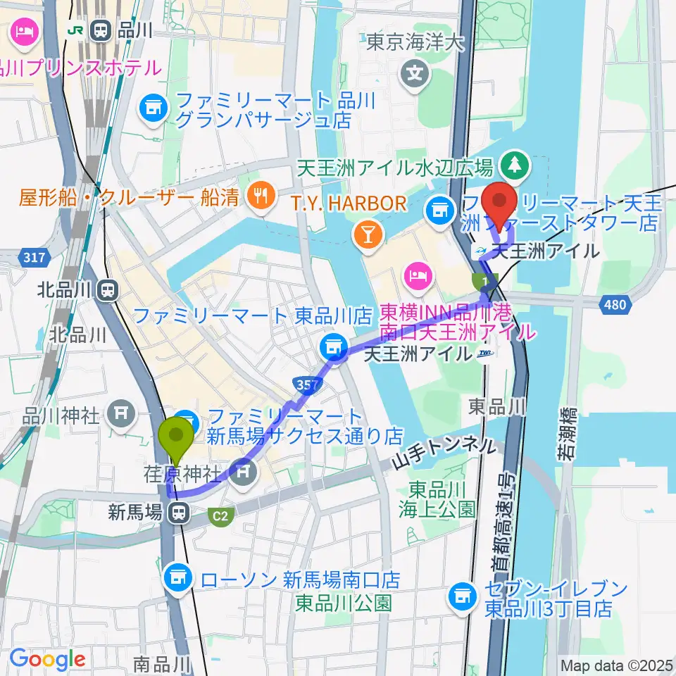 新馬場駅から天王洲 銀河劇場へのルートマップ地図