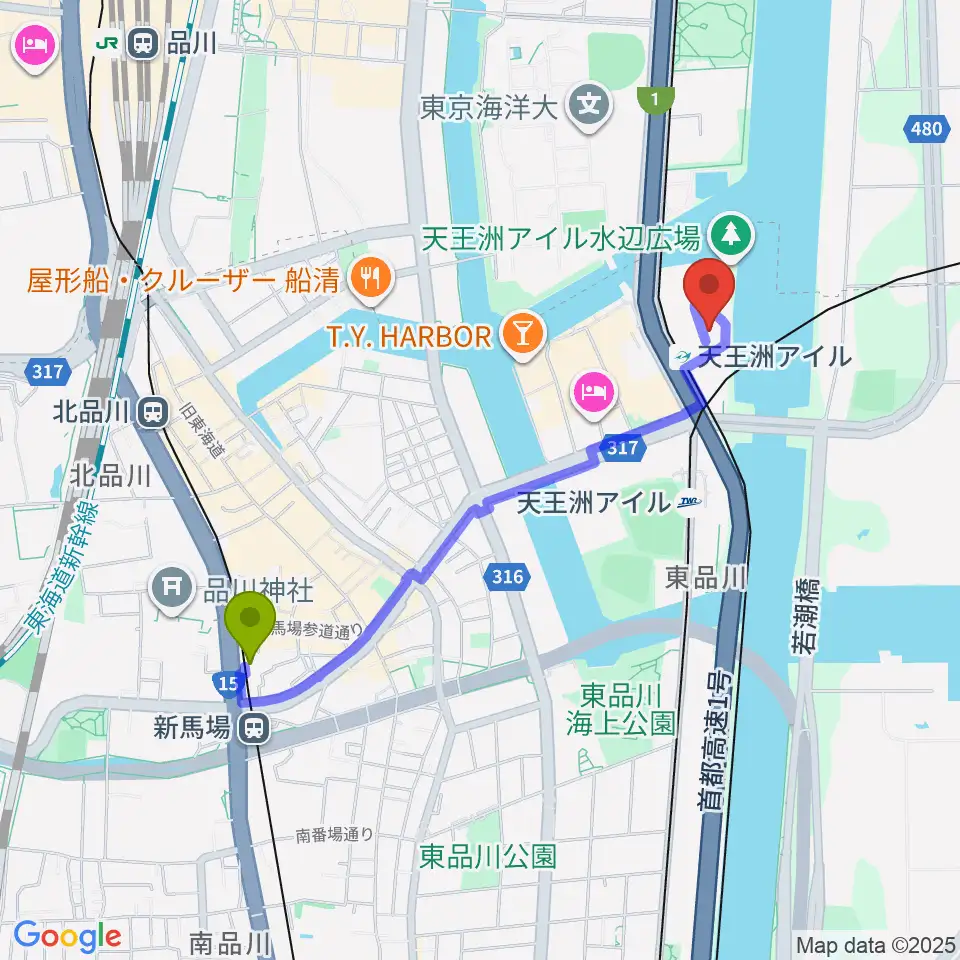 新馬場駅から天王洲 銀河劇場へのルートマップ地図