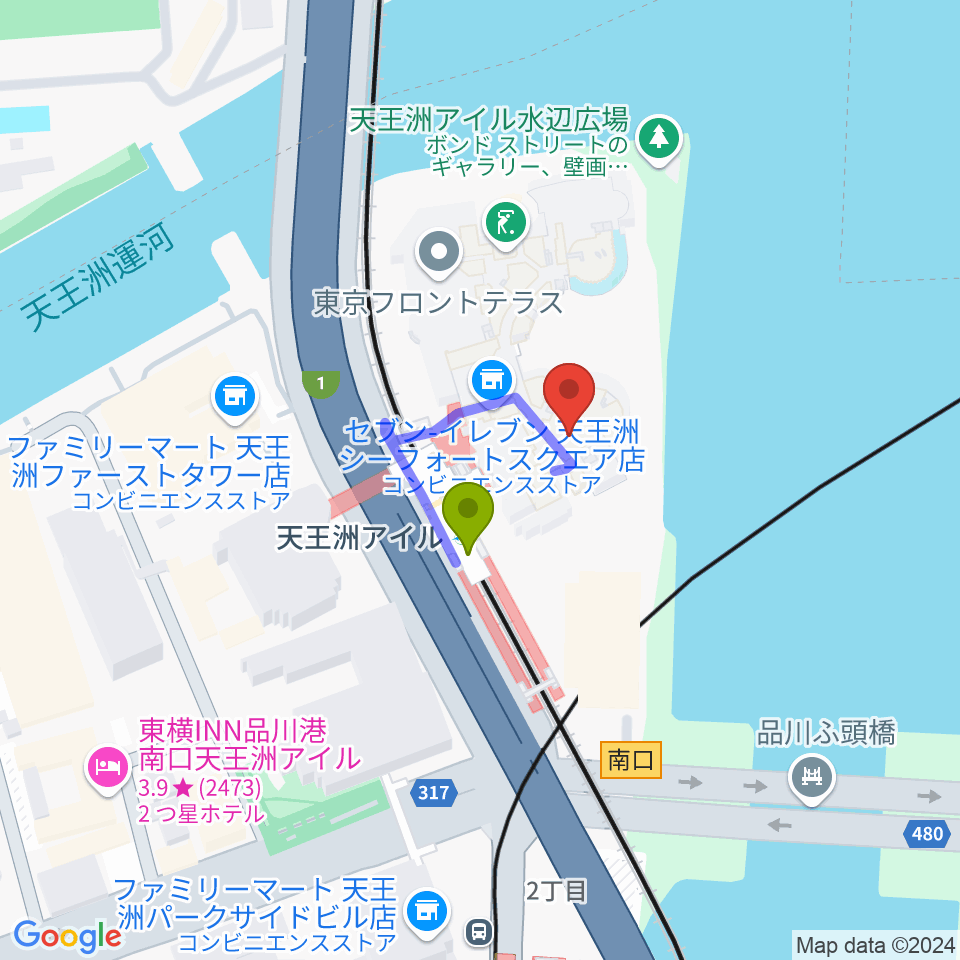 天王洲 銀河劇場の最寄駅天王洲アイル駅からの徒歩ルート（約1分）地図