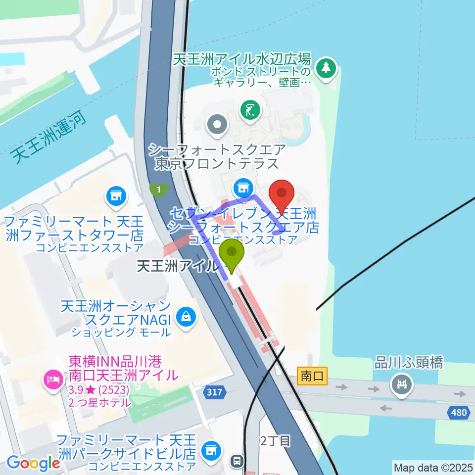 天王洲 銀河劇場の最寄駅天王洲アイル駅からの徒歩ルート（約1分）地図