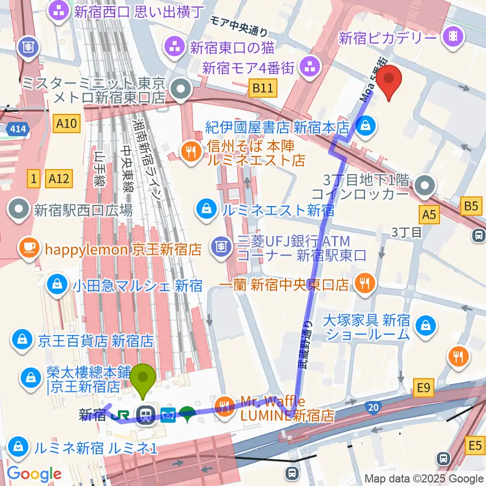 新宿駅から紀伊國屋ホールへのルートマップ Mdata