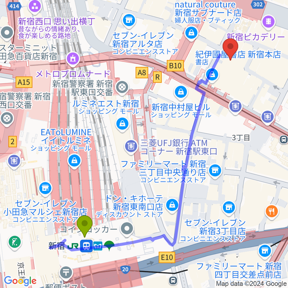 新宿駅から紀伊國屋ホールへのルートマップ地図