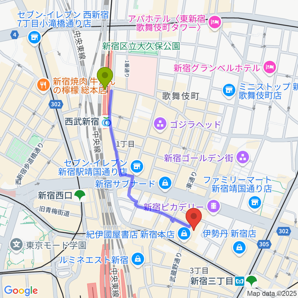 西武新宿駅から紀伊國屋ホールへのルートマップ Mdata