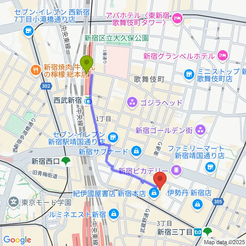 西武新宿駅から紀伊國屋ホールへのルートマップ地図