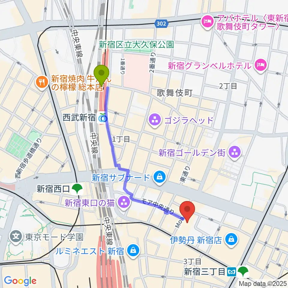 西武新宿駅から紀伊國屋ホールへのルートマップ地図