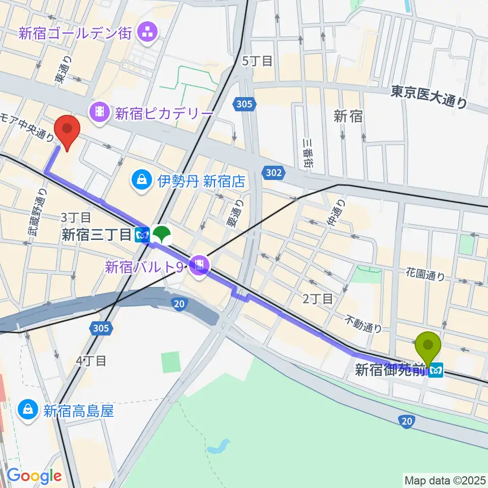 新宿御苑前駅から紀伊國屋ホールへのルートマップ地図