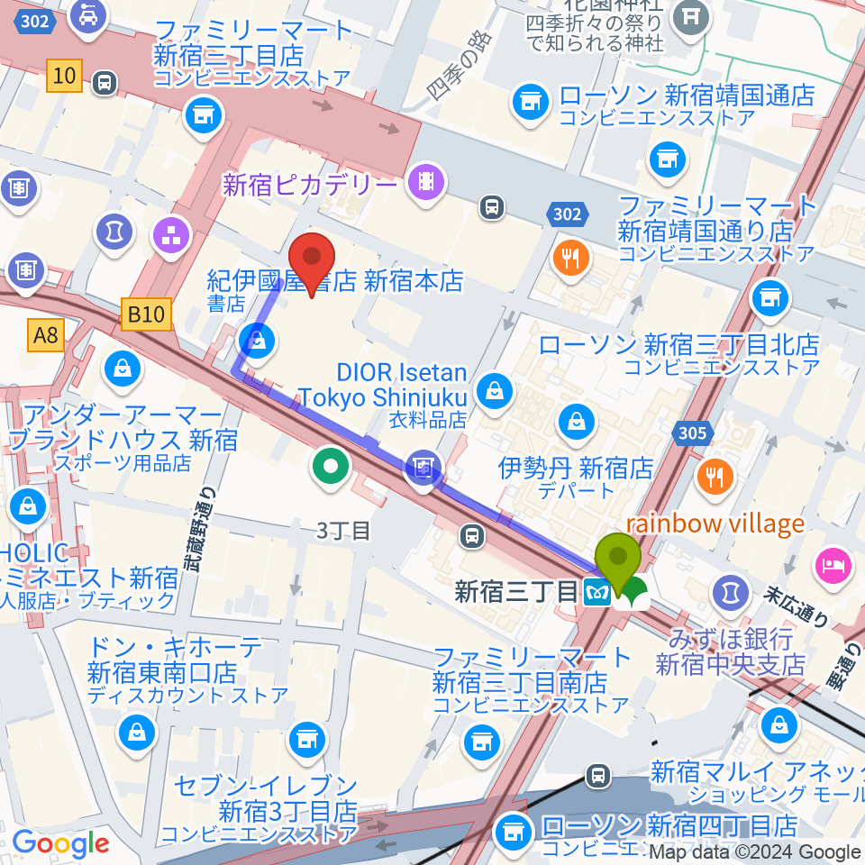 紀伊國屋ホールの最寄駅新宿三丁目駅からの徒歩ルート（約4分）地図