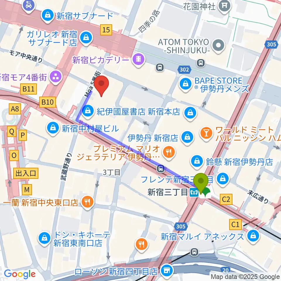 紀伊國屋ホールの最寄駅新宿三丁目駅からの徒歩ルート（約4分）地図