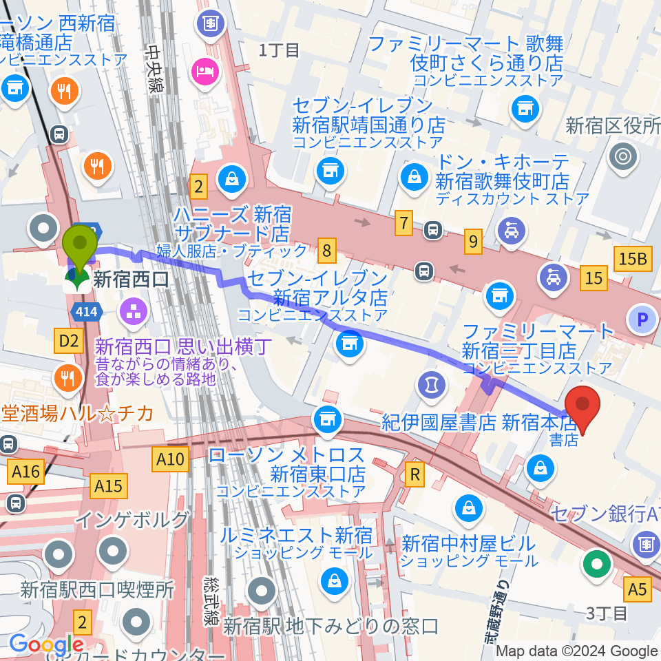 新宿西口駅から紀伊國屋ホールへのルートマップ地図