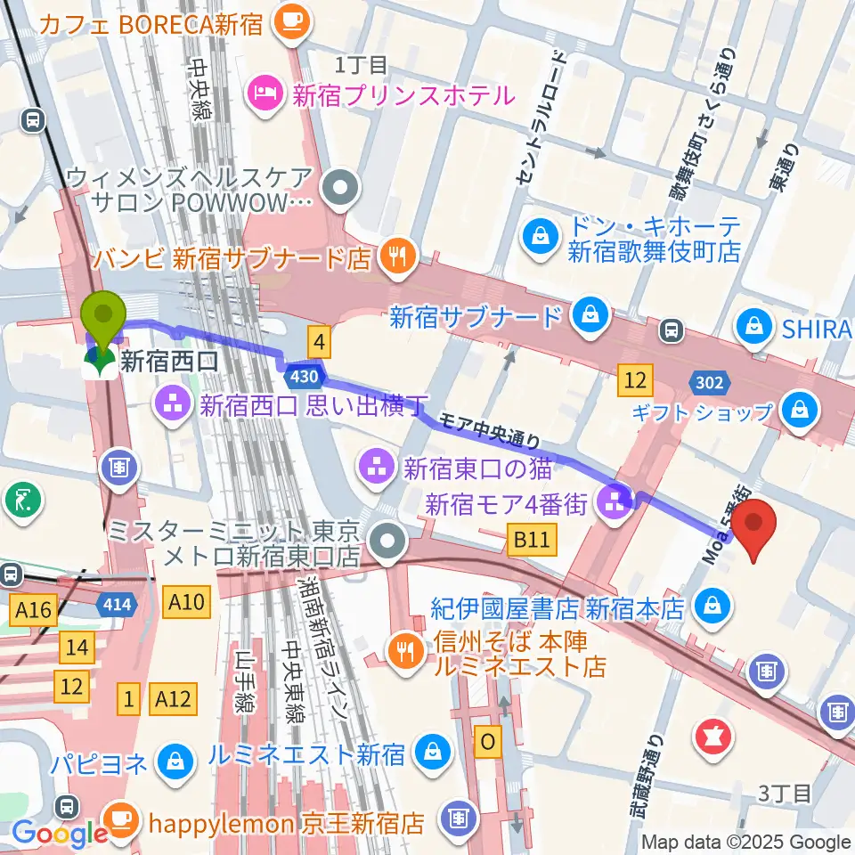 新宿西口駅から紀伊國屋ホールへのルートマップ地図