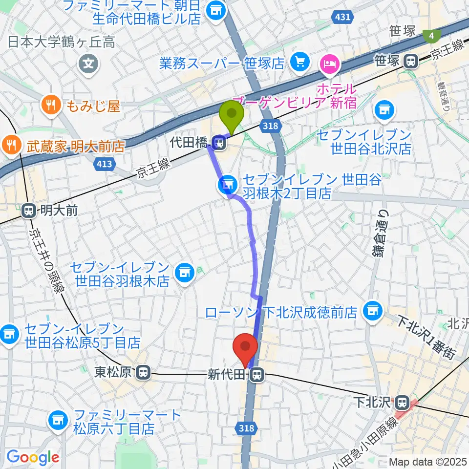 代田橋駅から新代田FEVERへのルートマップ地図