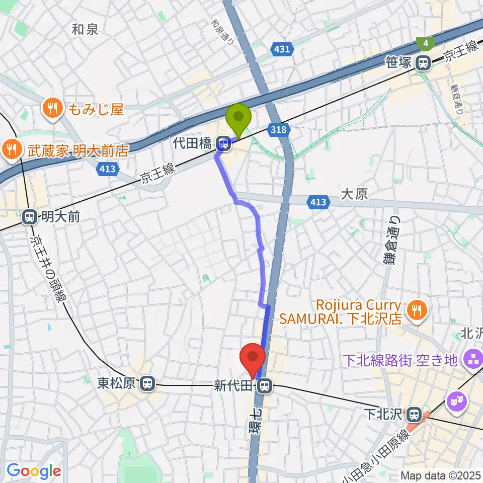 代田橋駅から新代田FEVERへのルートマップ地図