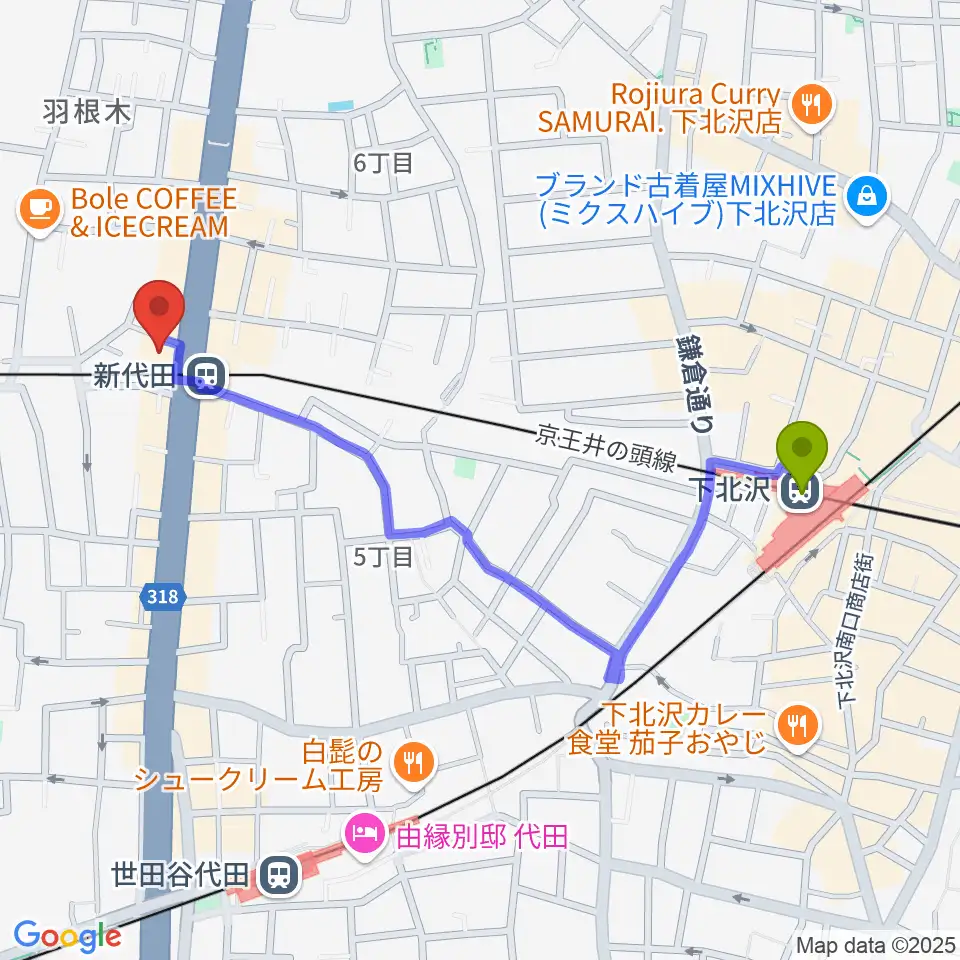 下北沢駅から新代田FEVERへのルートマップ地図