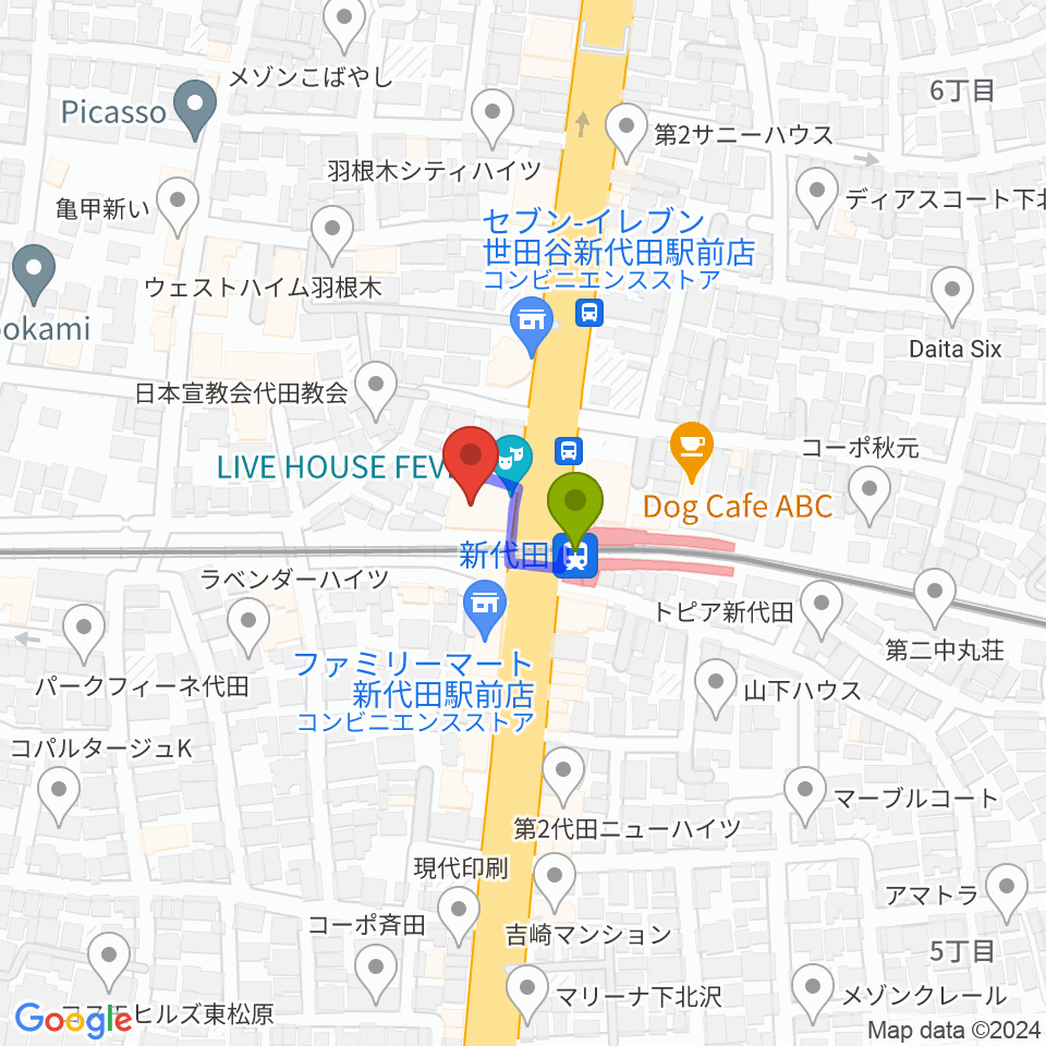 新代田FEVERの最寄駅新代田駅からの徒歩ルート（約1分）地図