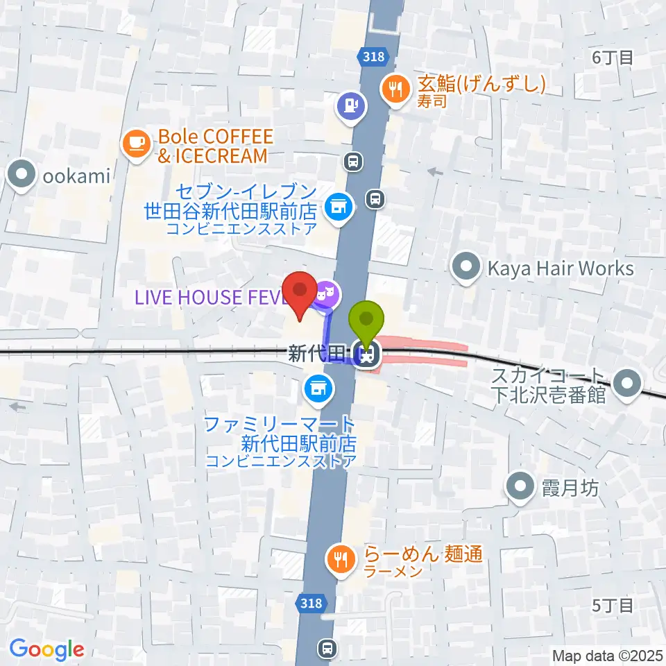 新代田FEVERの最寄駅新代田駅からの徒歩ルート（約1分）地図