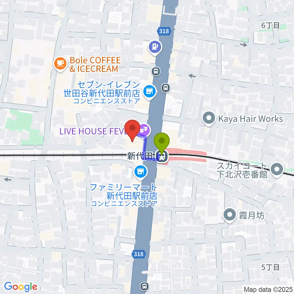 新代田FEVERの最寄駅新代田駅からの徒歩ルート（約1分）地図