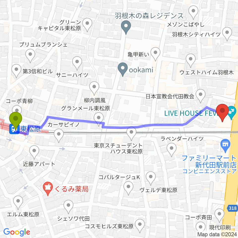 東松原駅から新代田FEVERへのルートマップ地図