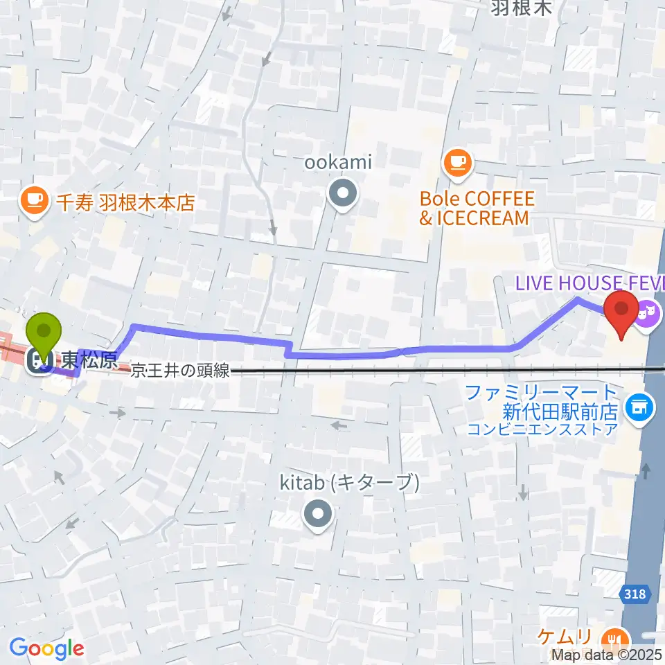 東松原駅から新代田FEVERへのルートマップ地図