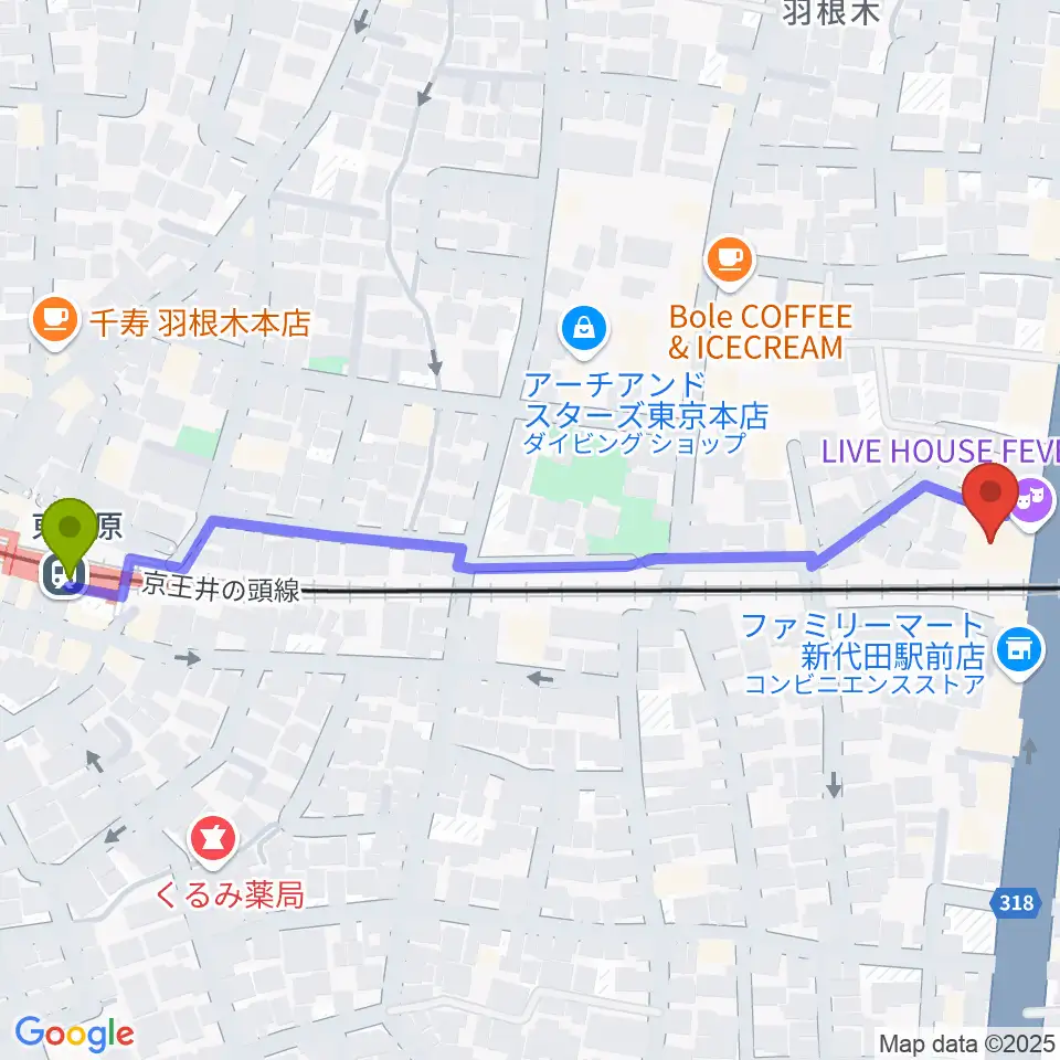東松原駅から新代田FEVERへのルートマップ地図
