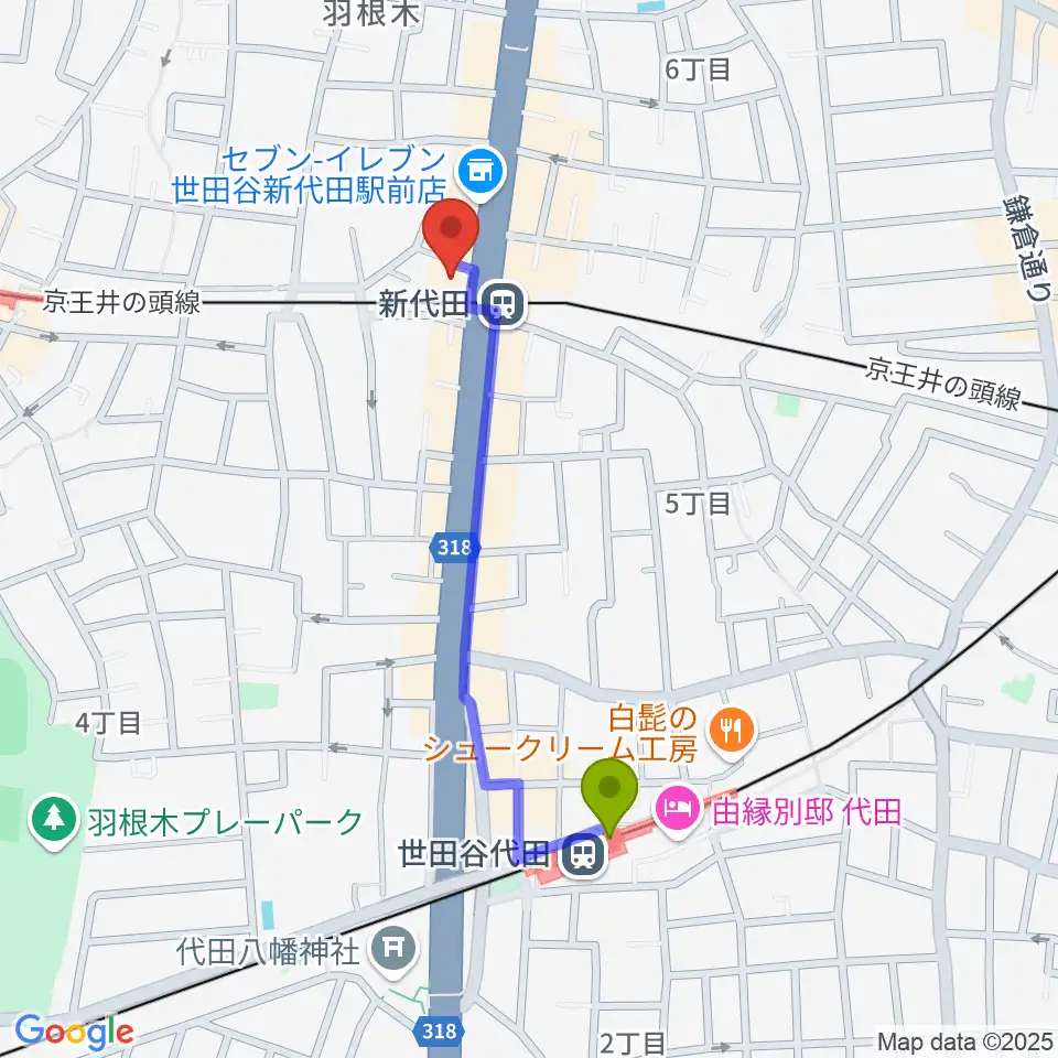 世田谷代田駅から新代田FEVERへのルートマップ地図