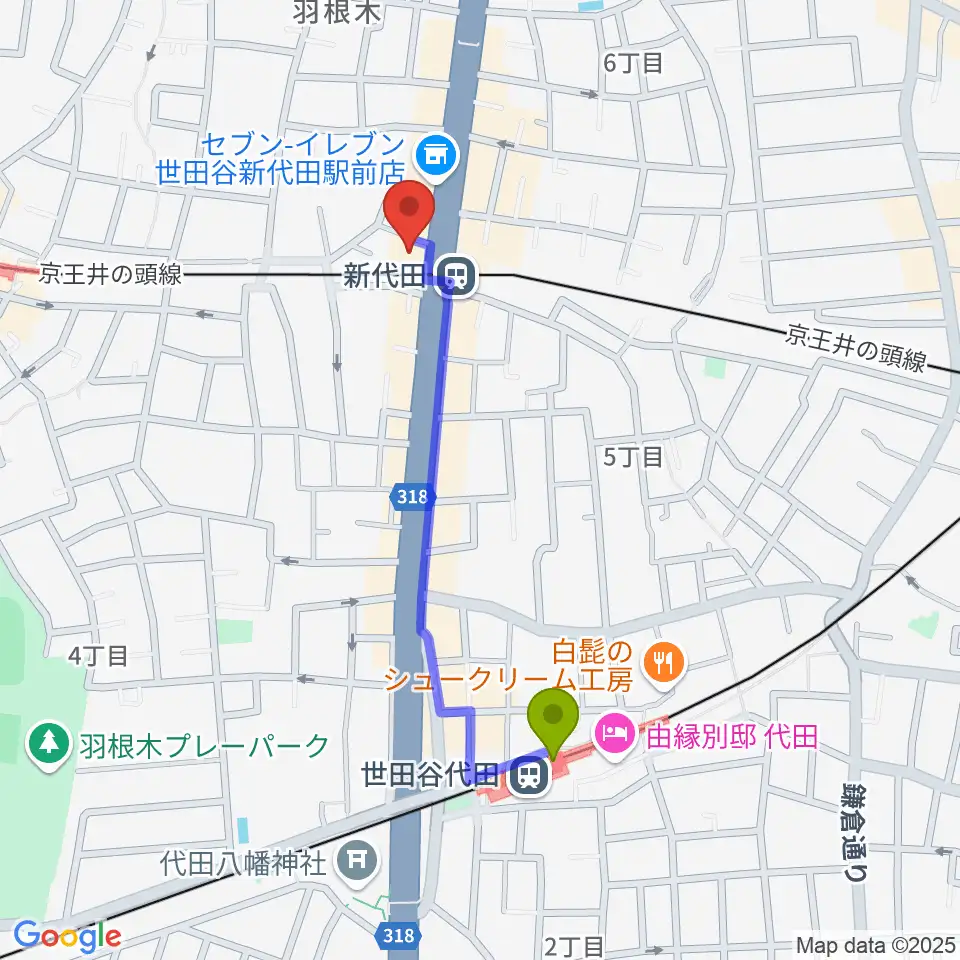 世田谷代田駅から新代田FEVERへのルートマップ地図