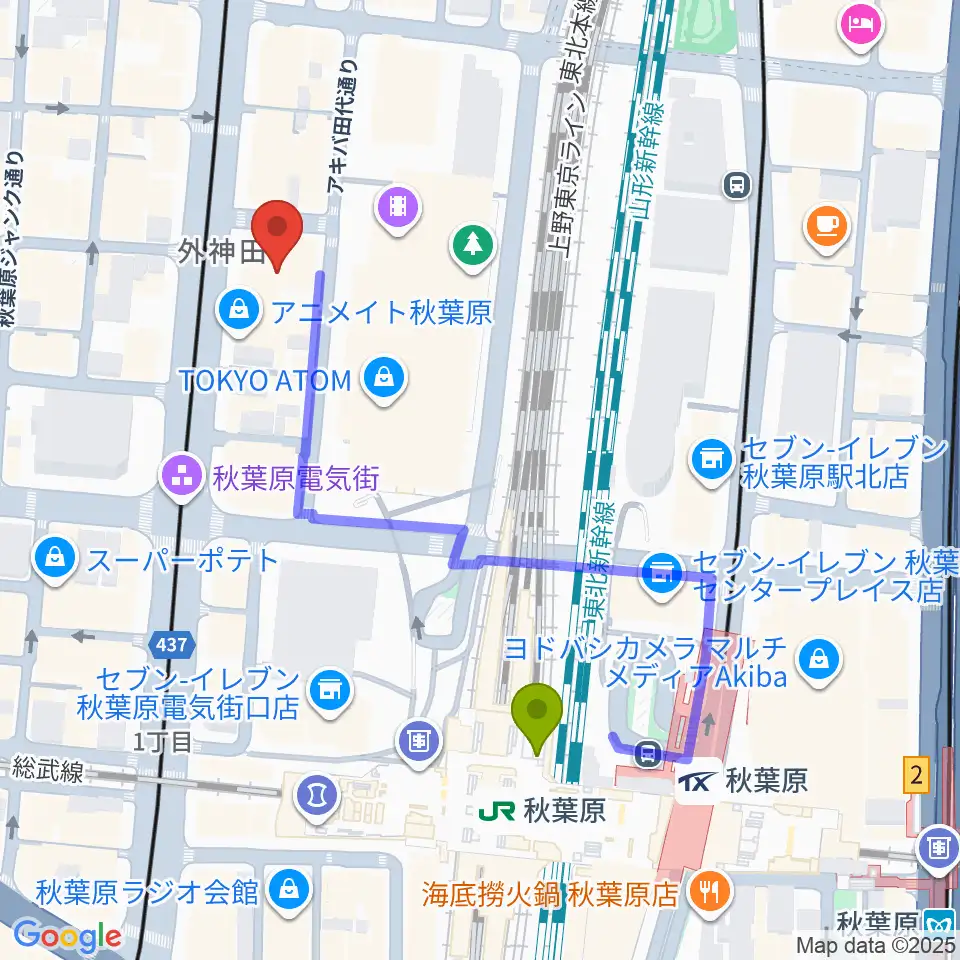 秋葉原駅からAKB48劇場へのルートマップ地図