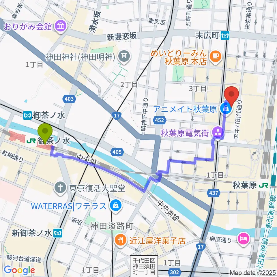 御茶ノ水駅からAKB48劇場へのルートマップ地図